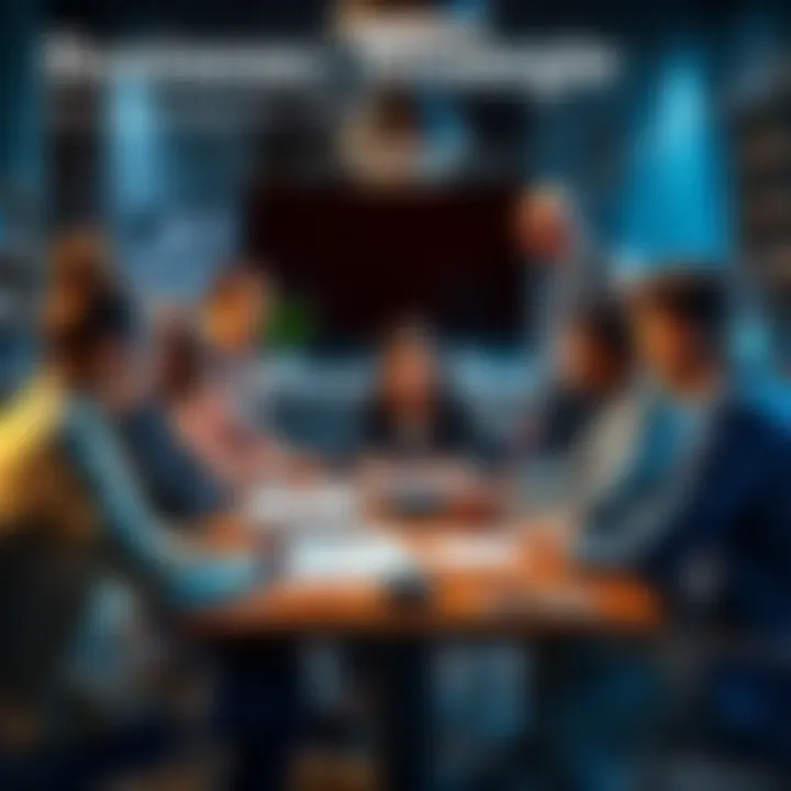 A group of diverse business people brainstorming strategies around a table, looking focused and engaged, with charts and notes on the table