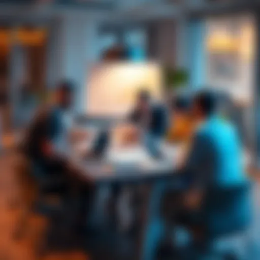 Group of business people brainstorming innovative strategies around a table with charts and laptops
