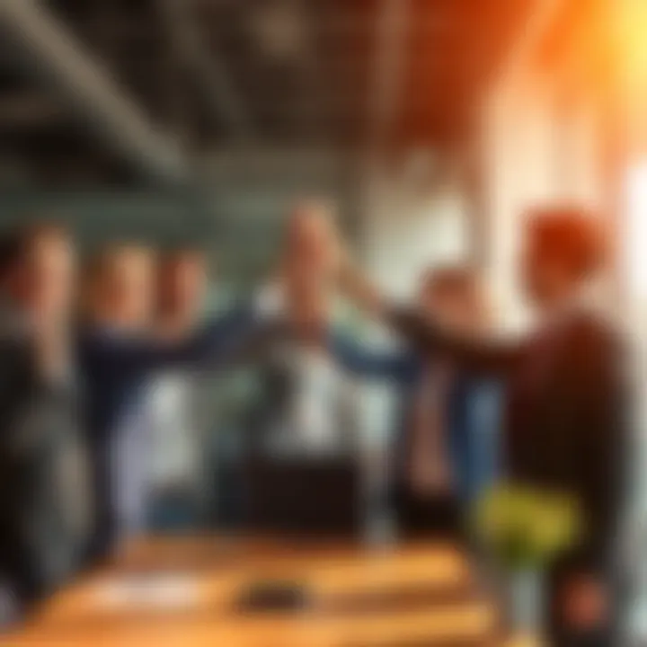 A group of business professionals celebrating a successful strategy implementation with high-fives and smiles in an office environment