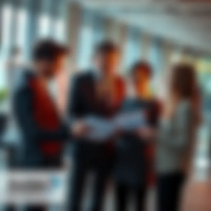 A group of business professionals analyzing graphs and charts in a modern office, discussing current market trends and strategies.