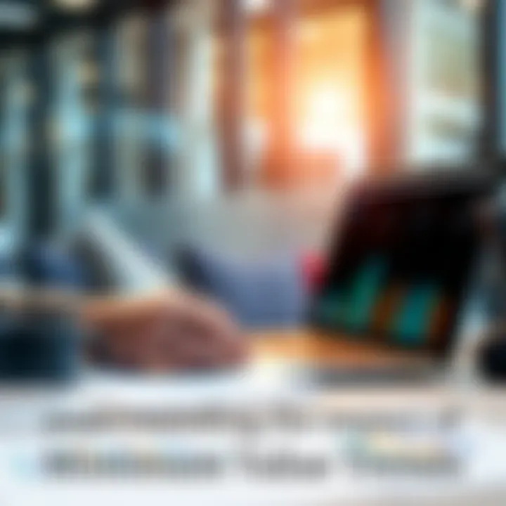 A businessman reviewing charts and graphs on a laptop, focusing on minimum value trends in the market.