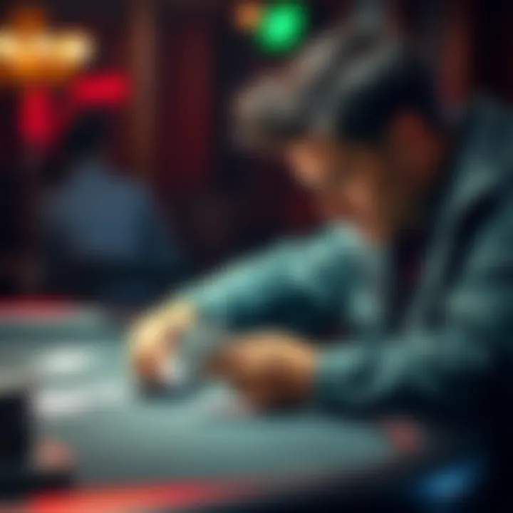 Busquet focuses intently on his cards during a high-stakes poker game, with chips and cards on the table.