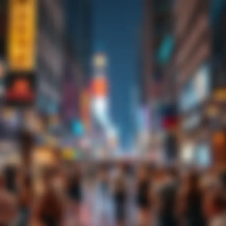 A vibrant city street filled with people enjoying Friday night activities and social events.