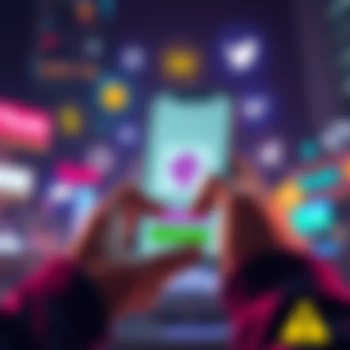 A person using a smartphone to buy cryptocurrency with Money Gram, surrounded by icons of popular exchanges and a warning symbol for risks involved.