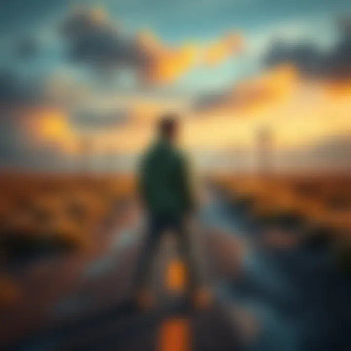Byron standing at a crossroads with different paths, looking determined to choose the right direction for his journey ahead