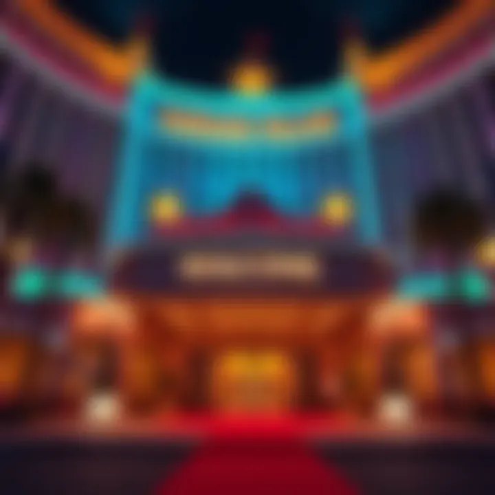 Exterior view of Caesars Palace Hotel with bright lights and welcoming entrance, showcasing a Las Vegas atmosphere