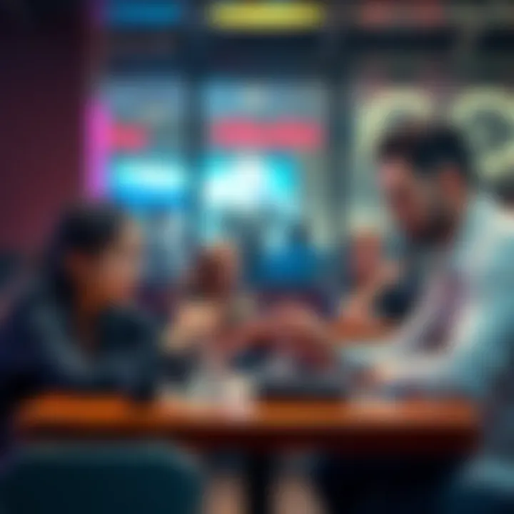 Calculating Debt Between Friends Two friends discussing payments and bets at a table with cash in hand