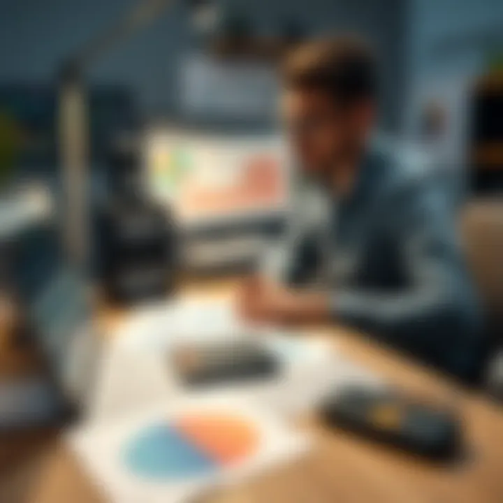 Person calculating income strategies A person sitting at a desk, analyzing charts and graphs related to income generation, with papers and a calculator in front of them.