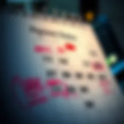 A calendar page marked with dates for pre monthly payments, showing reminders and highlights.