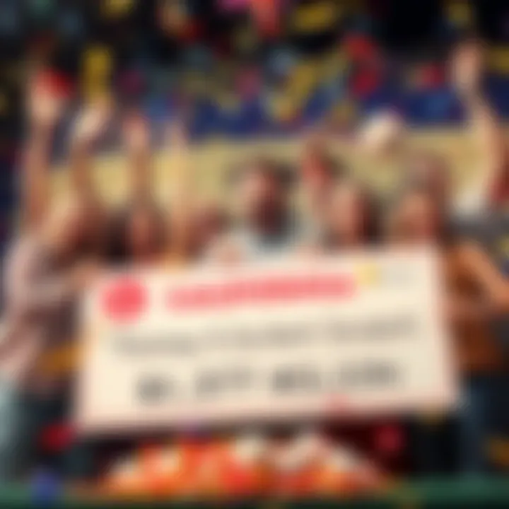A group of happy people celebrating with confetti and a large check representing the record Fantasy 5 jackpot in California.
