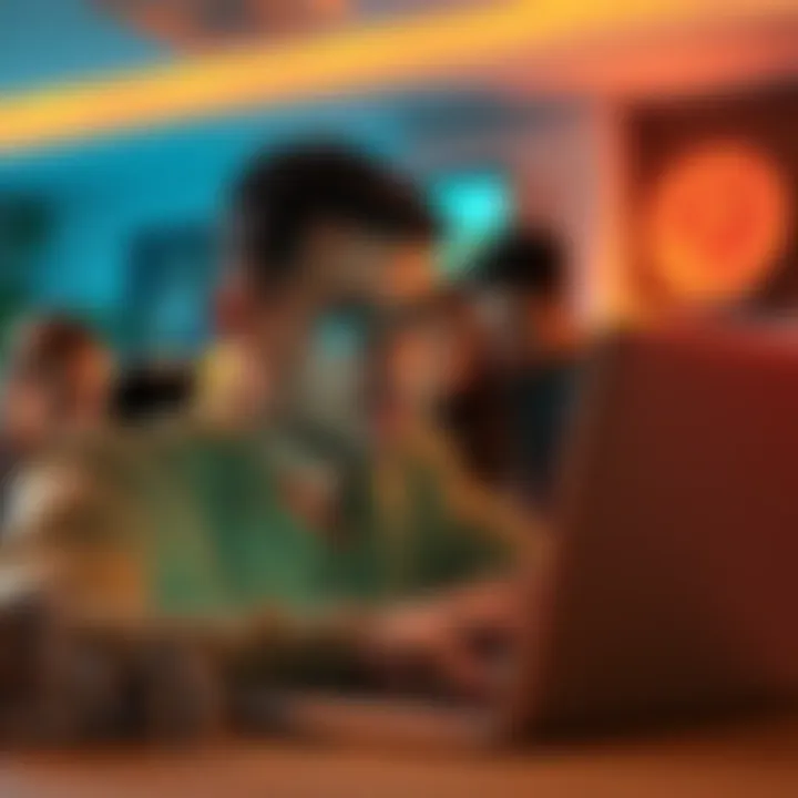 A person looking frustrated while checking a gambling site on a laptop with family members in the background, indicating concerns about the upcoming ban and its impact on personal life.