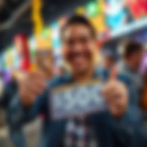 A happy Californian holding a scratch-off ticket with a big smile, celebrating a $500 prize