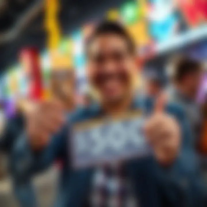 Celebrating $500 Scratch-Off Win A happy Californian holding a scratch-off ticket with a big smile, celebrating a $500 prize