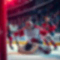 Canada's goalie in action, failing to save a shot during a crucial hockey game, surrounded by confused teammates and shocked fans.
