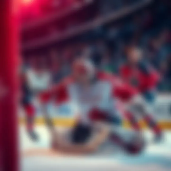 Canada's goalie in action, failing to save a shot during a crucial hockey game, surrounded by confused teammates and shocked fans.