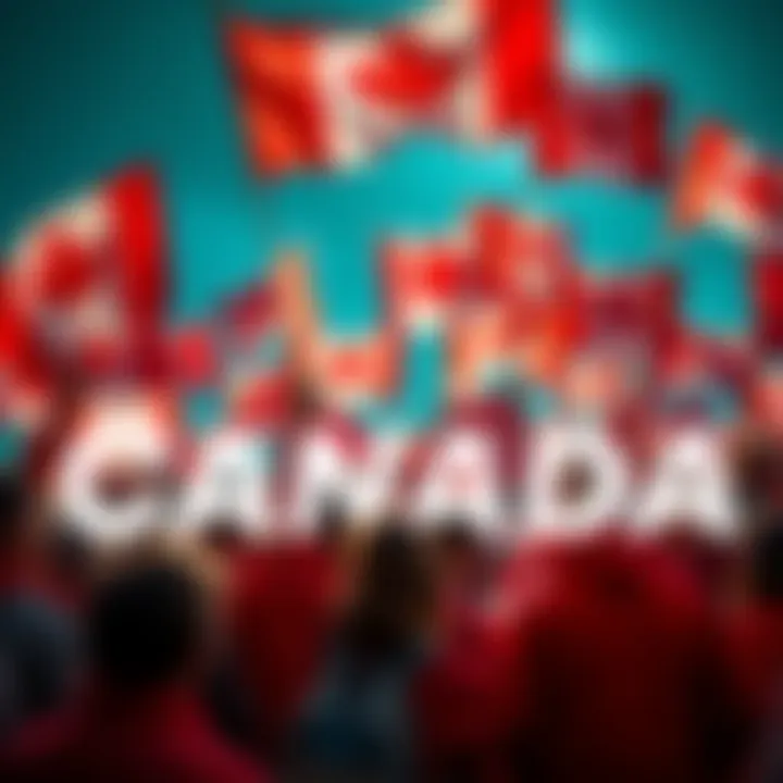 A diverse group of people holding Canadian flags and wearing red and white clothing, symbolizing national pride and unity.