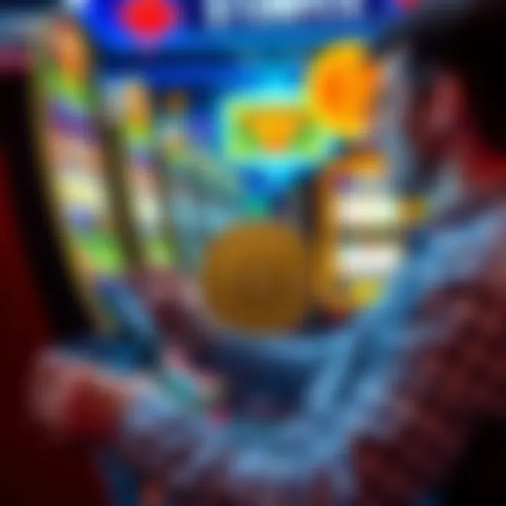 Canadian player using crypto for slots A Canadian player enjoying slot games using USDT and BTC on a digital device, with a background of vibrant slot machine graphics.