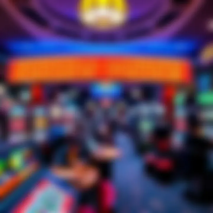 A vibrant casino scene showing a variety of gaming options and promotional signs for sign-up bonuses, featuring tables and slot machines filled with players enjoying their time.