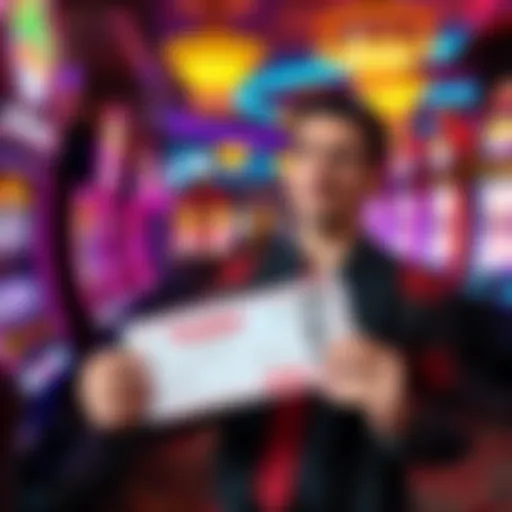 A Canadian player holding a large jackpot ticket in a casino, looking confused about taxes and tipping, surrounded by colorful slot machines.
