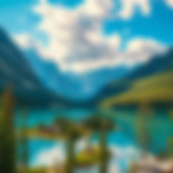 A scenic view of a tranquil lake surrounded by mountains and lush forests in Canada.