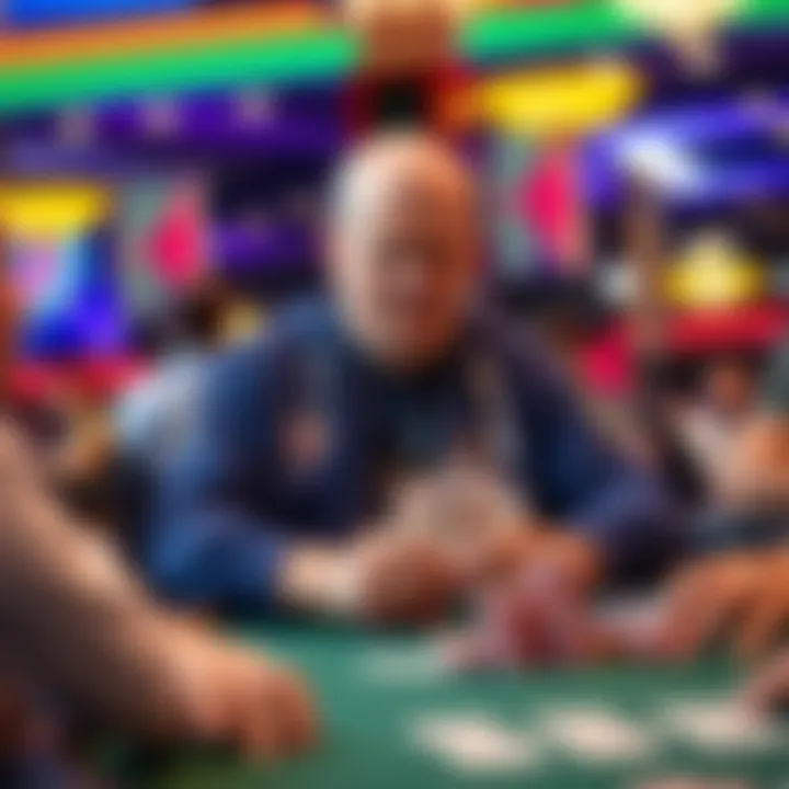 A determined cancer survivor sitting at a poker table, focused on playing cards during the WSOP Main Event, surrounded by fellow players and chips