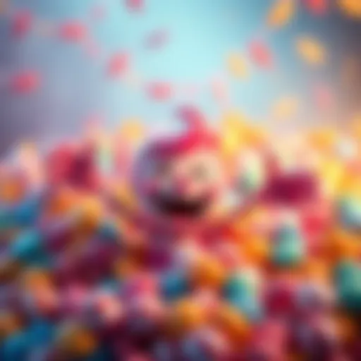 Colorful candies and a joyful character celebrating the success of Candy Dream game