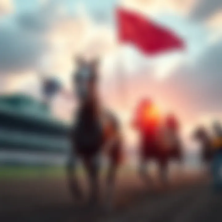 Two racehorses crossing the finish line with an official raising a disqualification flag