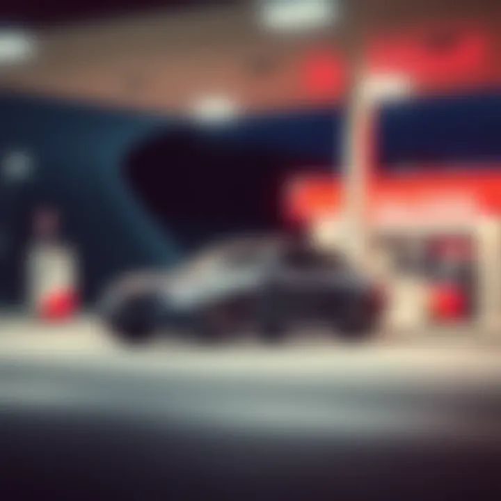 A car parked at a gas station in a small town with a fuel pump nearby