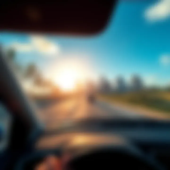 A car on the highway with Miami skyline in the background, showing a clear blue sky and palm trees
