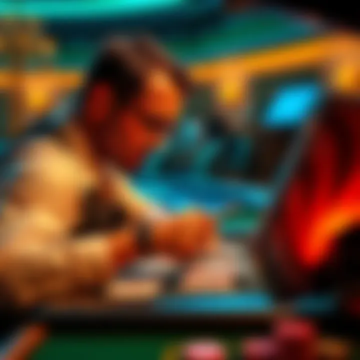 A player calculating their moves at a blackjack table, focusing on cards while a shuffling machine operates nearby.