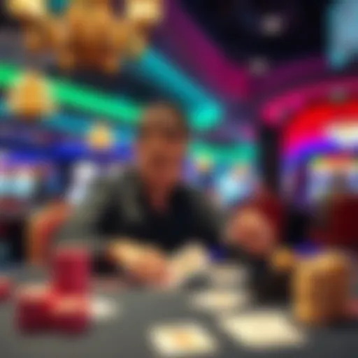A person sitting at a blackjack table, calculating cards with focused expression while casino lights shine in the background