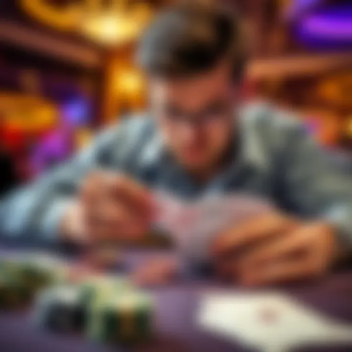 A person analyzing playing cards and chips at a casino table, focused on card counting tactics.