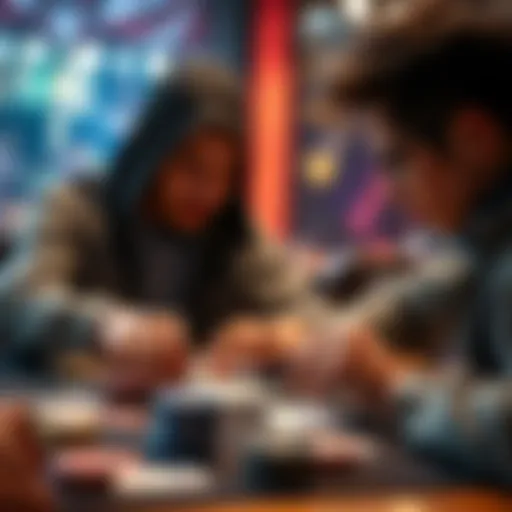 Two players intensely focused on their cards during a key card game, hinting at strategy and competition