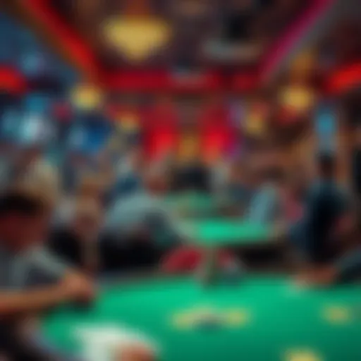 A bustling card club interior with people playing poker and chatting at tables.