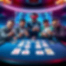 Four players at a poker table showing their hands with full houses and a straight on the board.