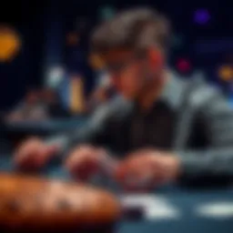 A focused player analyzing cards at a table, considering the next move for better profitability in low-stakes games.