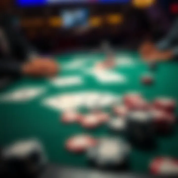 A table showing playing cards and counting chips used in card games; players focus on strategy.