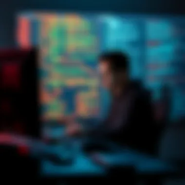 Career Shift to Ethical Hacking A person sitting at a computer, looking focused and determined, with coding on the screen, symbolizing a transition from gambling to ethical hacking.