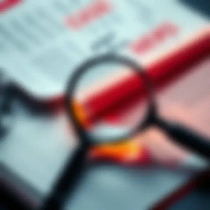 A close-up of case files with a magnifying glass, highlighting critical details for investigation.