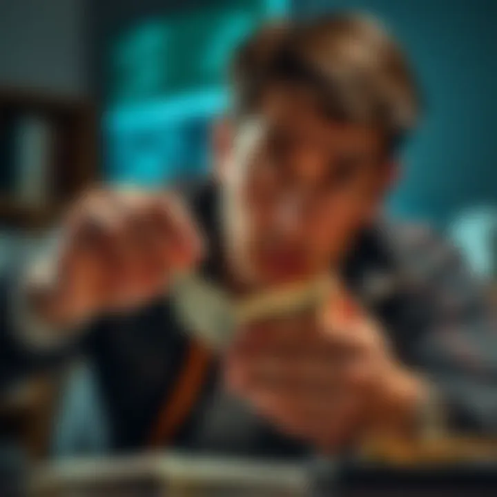 A worried person examining a small amount of cash while calculating finances