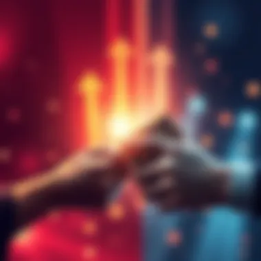 Illustration of hands exchanging cash with upward arrows indicating growth