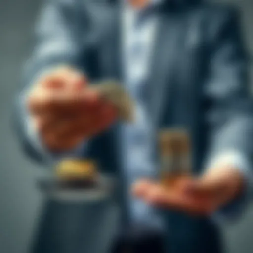 A person weighing cash in one hand and a stack of coins in the other, representing financial choices.