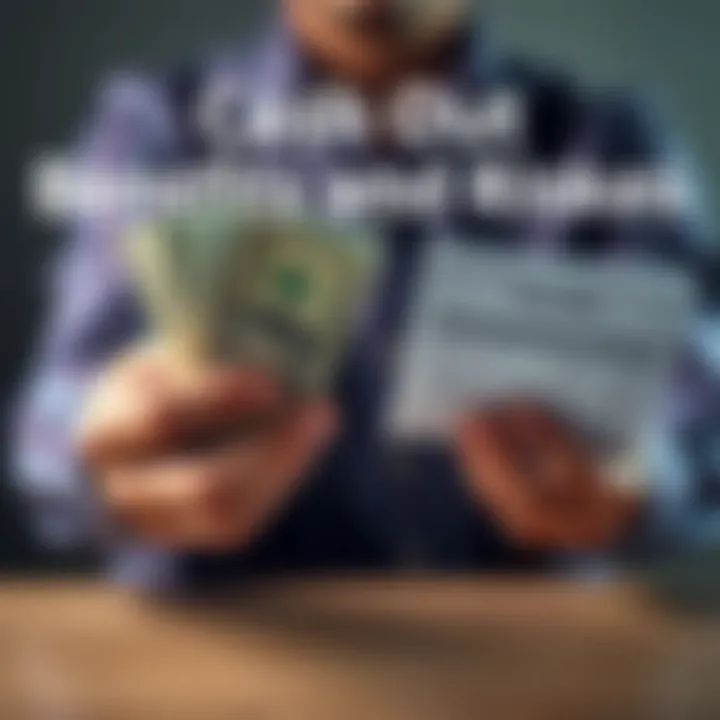 Cash Out Benefits and Risks A person weighing cash in one hand and a bank statement in the other to illustrate the decision of cashing out funds.