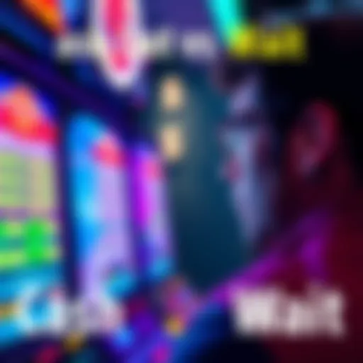 Cash Out vs Wait A person looking at a game screen, weighing the decision to cash out or hold on, with dollar signs in the background.