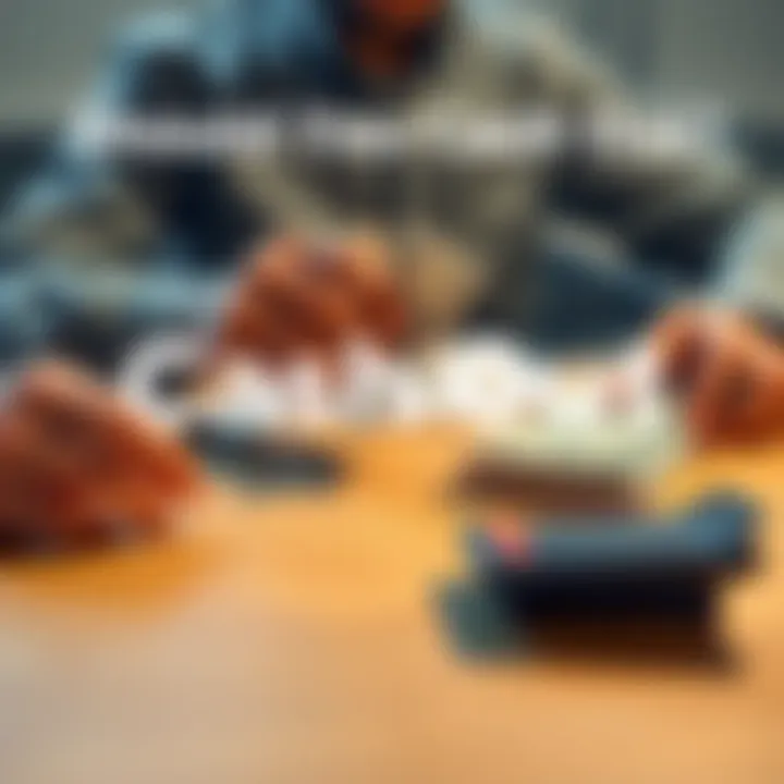 Cash Out Decision A person weighing options with cash and a calculator on a table, contemplating financial choices.