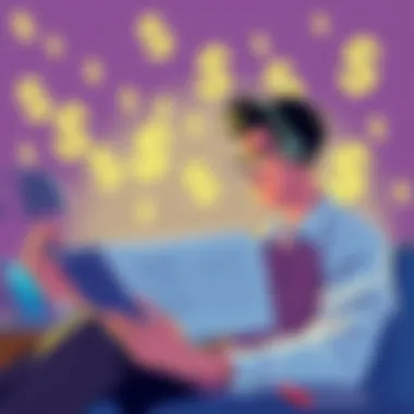 An illustration showing a person reviewing financial documents while thinking about cashing out earnings, with dollar signs in the background.