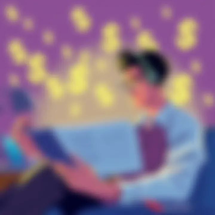 An illustration showing a person reviewing financial documents while thinking about cashing out earnings, with dollar signs in the background.