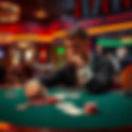 A person at a casino table contemplating whether to cash out or continue gambling, with chips and cards in front of them