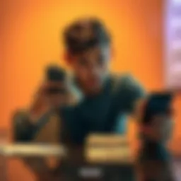 Person contemplating a decision A person sits at a table looking stressed, holding cash in one hand and a smartphone displaying stock prices in the other.