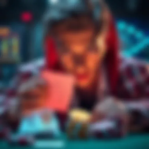 A person looking at their empty betting slip with a disappointed expression, wishing they had placed a bigger bet, surrounded by casino chips and playing cards.